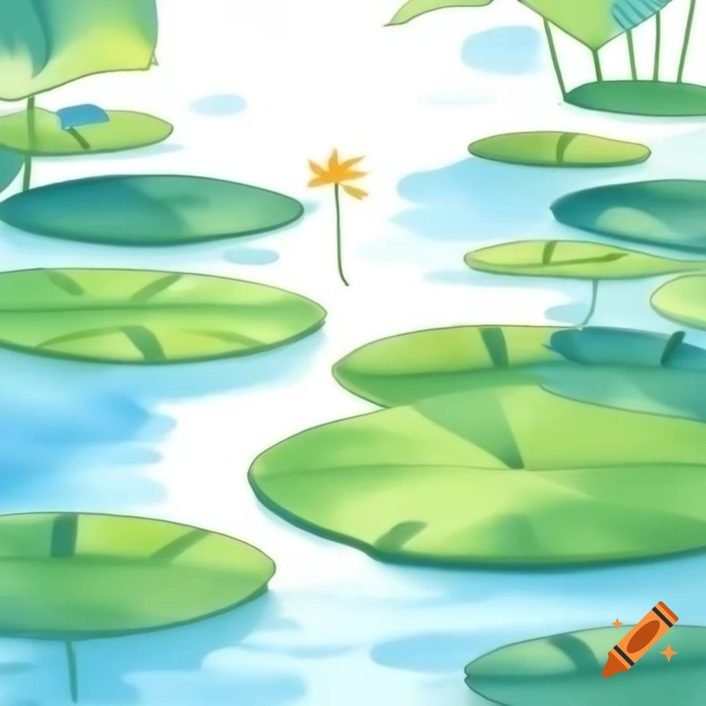 Cartoonish watercolor of a lily pad lake