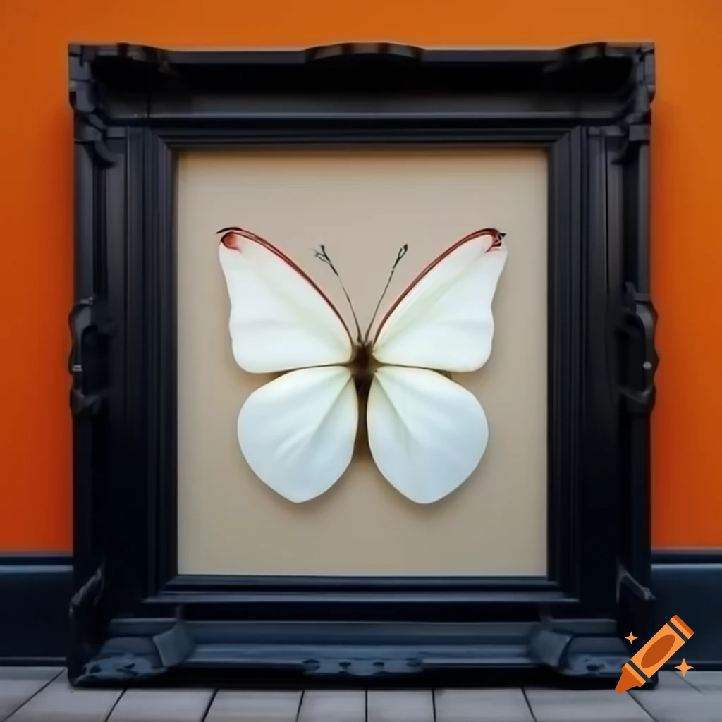 Giant white butterfly with red stripes in a black frame against orange-gold wall
