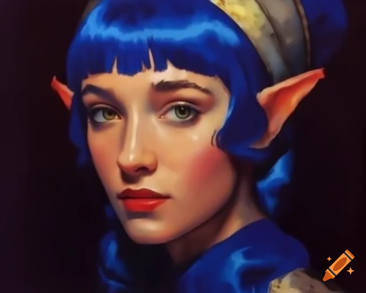 Retro impressionist pixel art of blue-haired demi-elf in nomad village