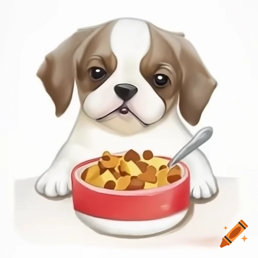 Cartoon-style bowl of dog food on white background, watercolor illustration