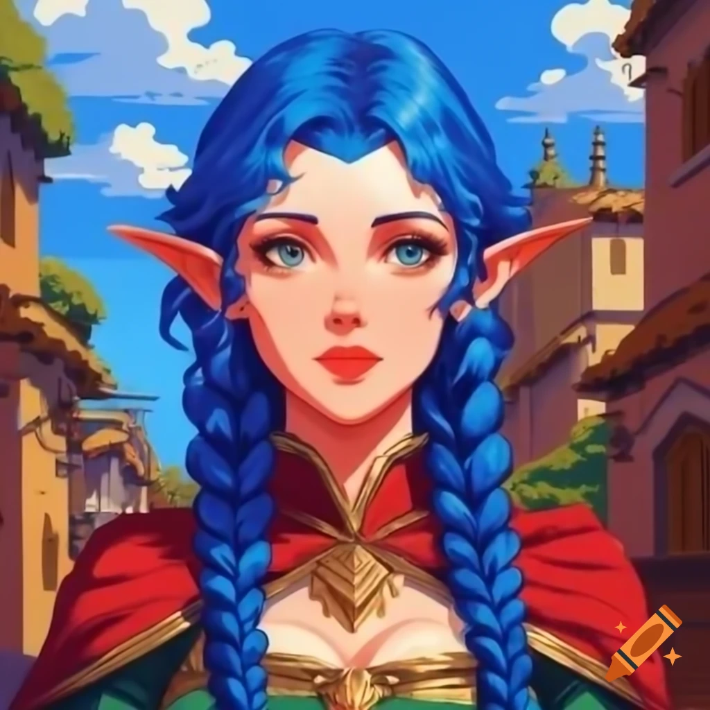 Pixel art portrait of blue-haired demi-elf in nomad village, retro impressionist style