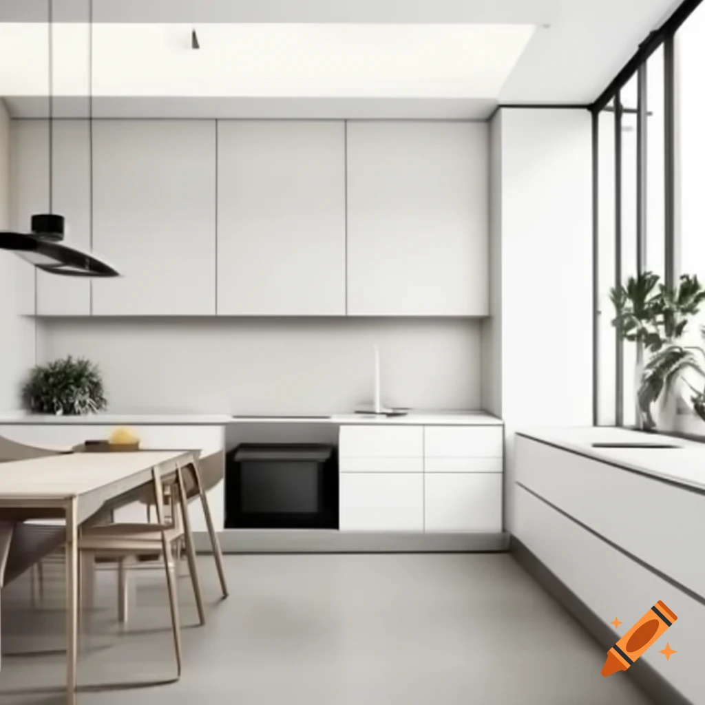 Sophisticated minimalist kitchen featuring porcelain and quartz in light tones
