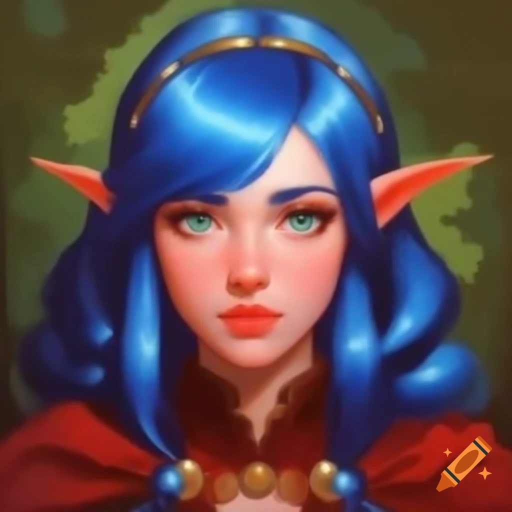 Retro impressionist pixel art portrait of blue-haired demi-elf in nomad village