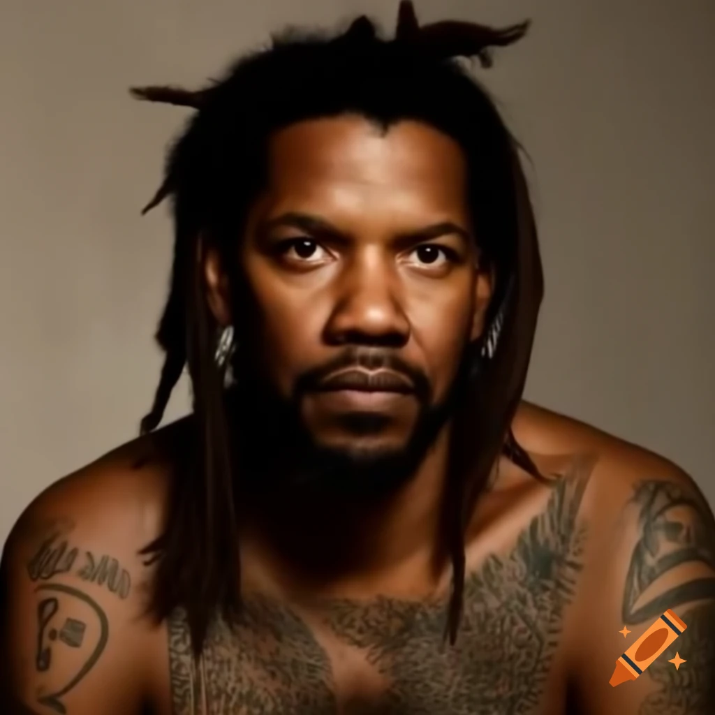 Denzel Washington with dreadlocks and tattoos