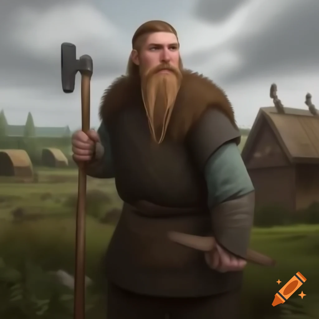Young adult male viking peasant holding nordic farming tool, complex animation