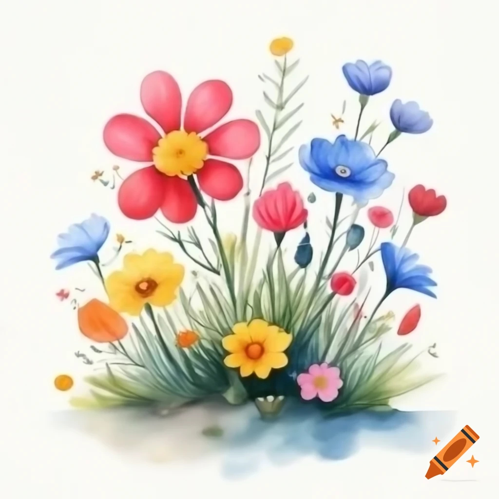 Cartoon-style flower bush on white background, watercolor design