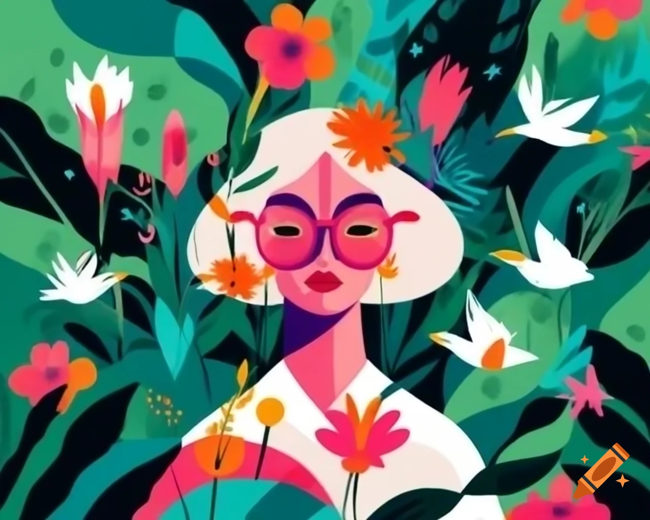 Dreamy woman in jungle landscape with abstract brush strokes and flowers