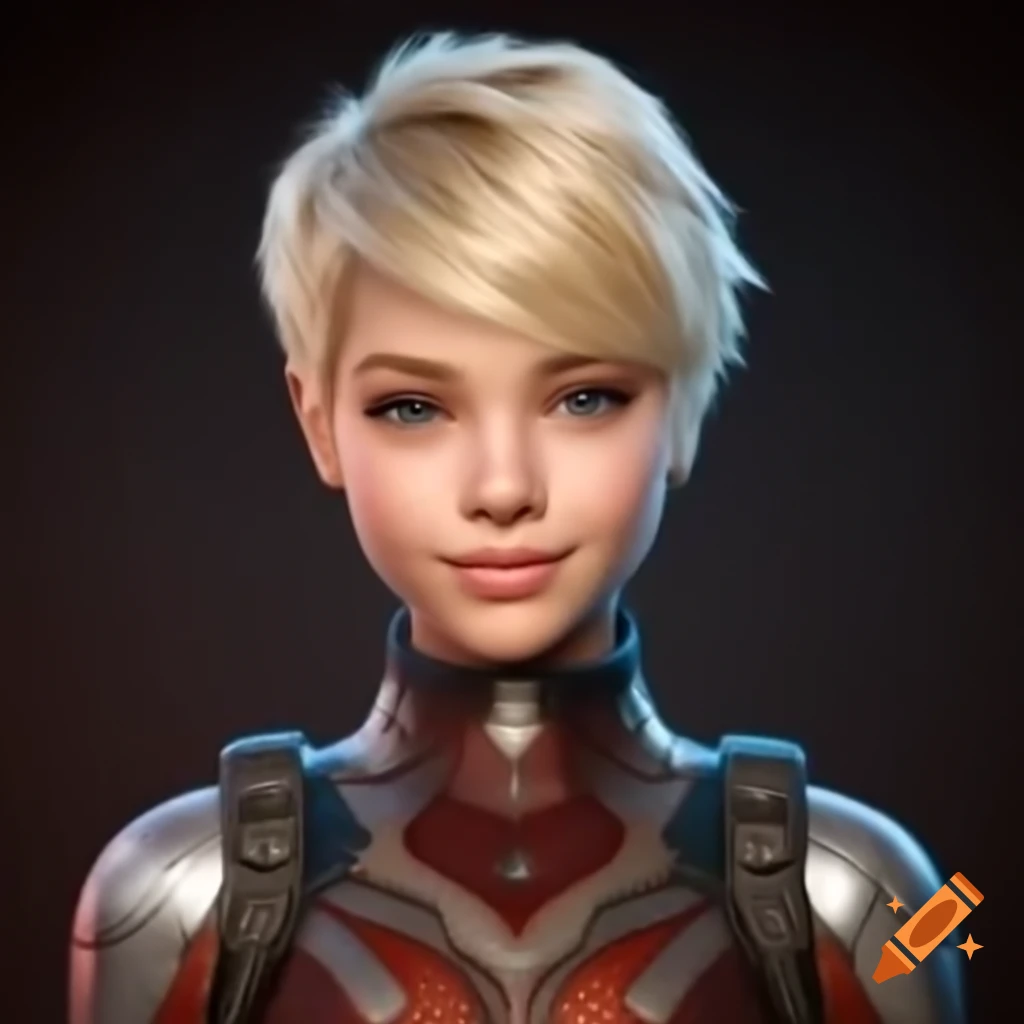Feminine space schoolgirl with pixie cut and metallic sci-fi outfit, ultra-realistic