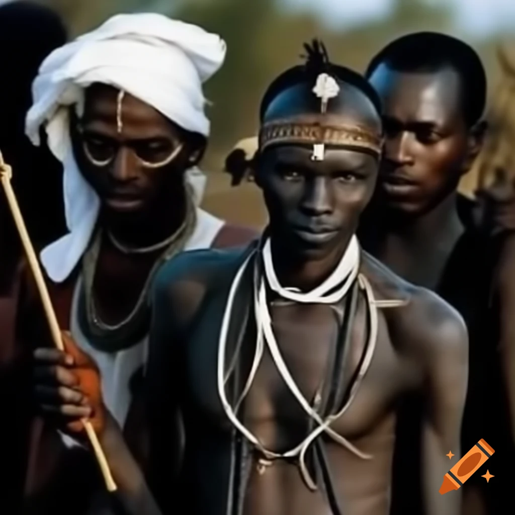 Man in traditional attire holding arrow next to injured man in suit