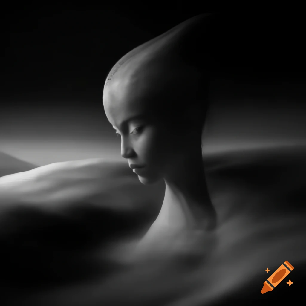 Surrealist monochrome artwork depicting abstract themes