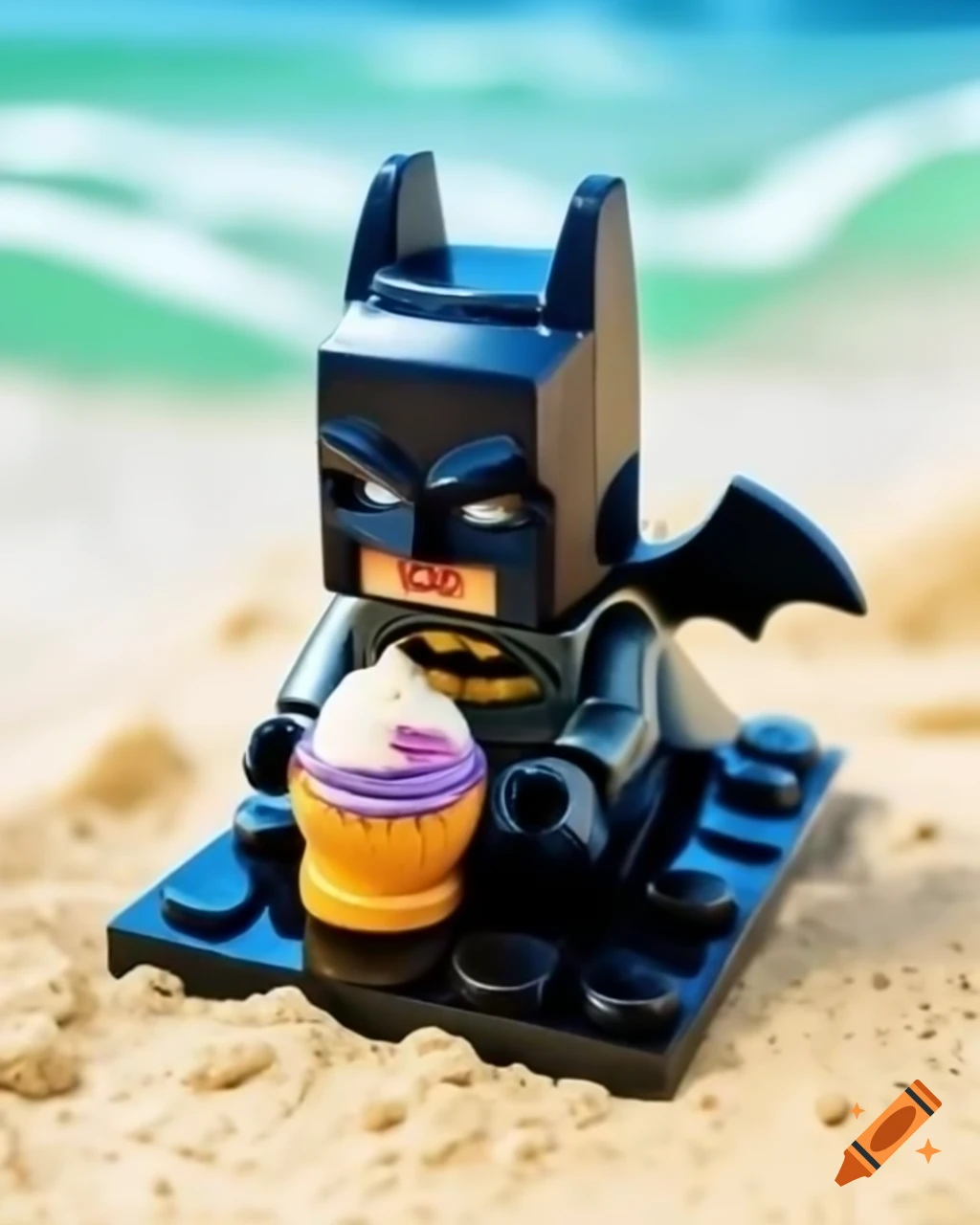 LEGO Batmobile figurine enjoying ice cream on beach