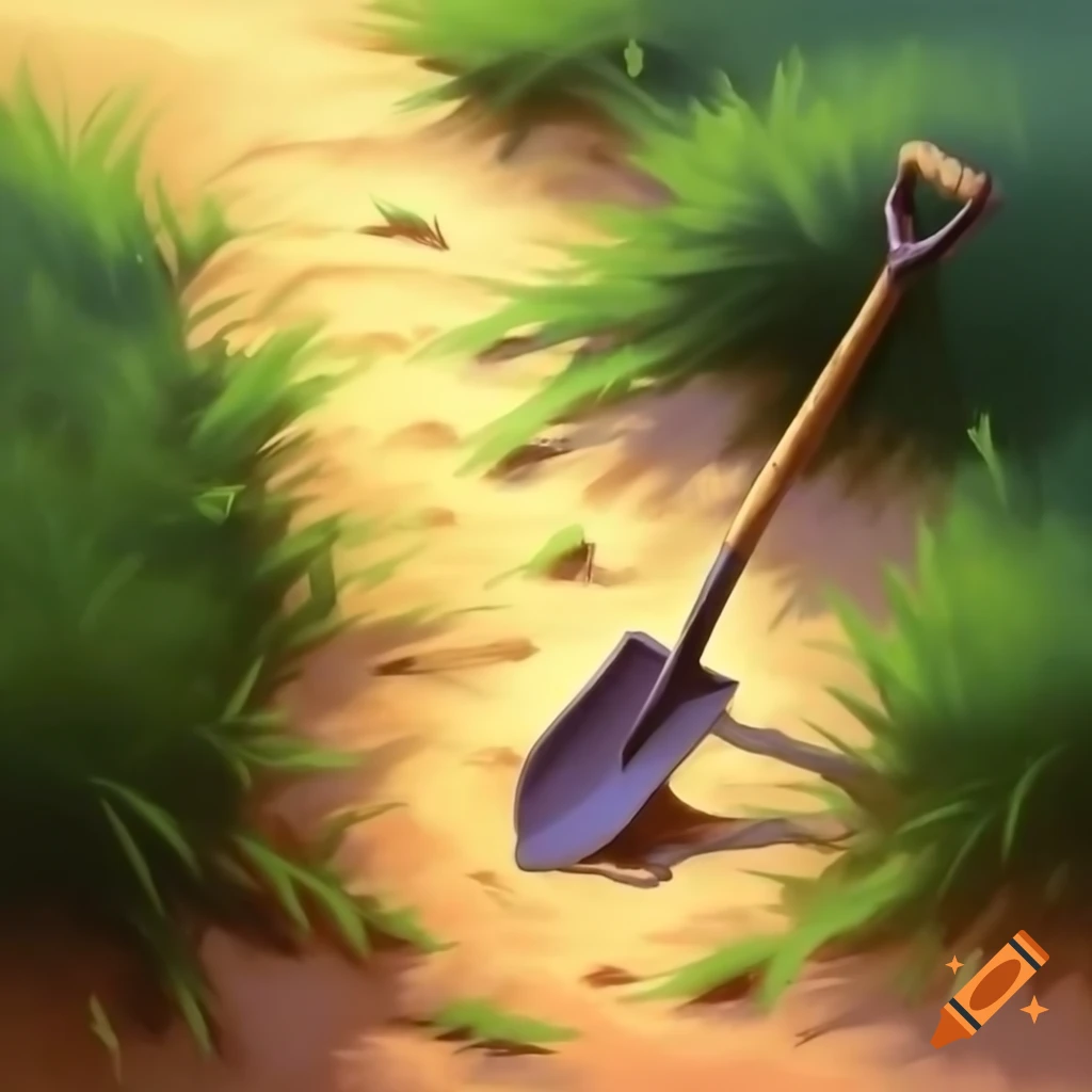 Shovel on sandy path surrounded by vegetation, painting by Thomas Kinkade