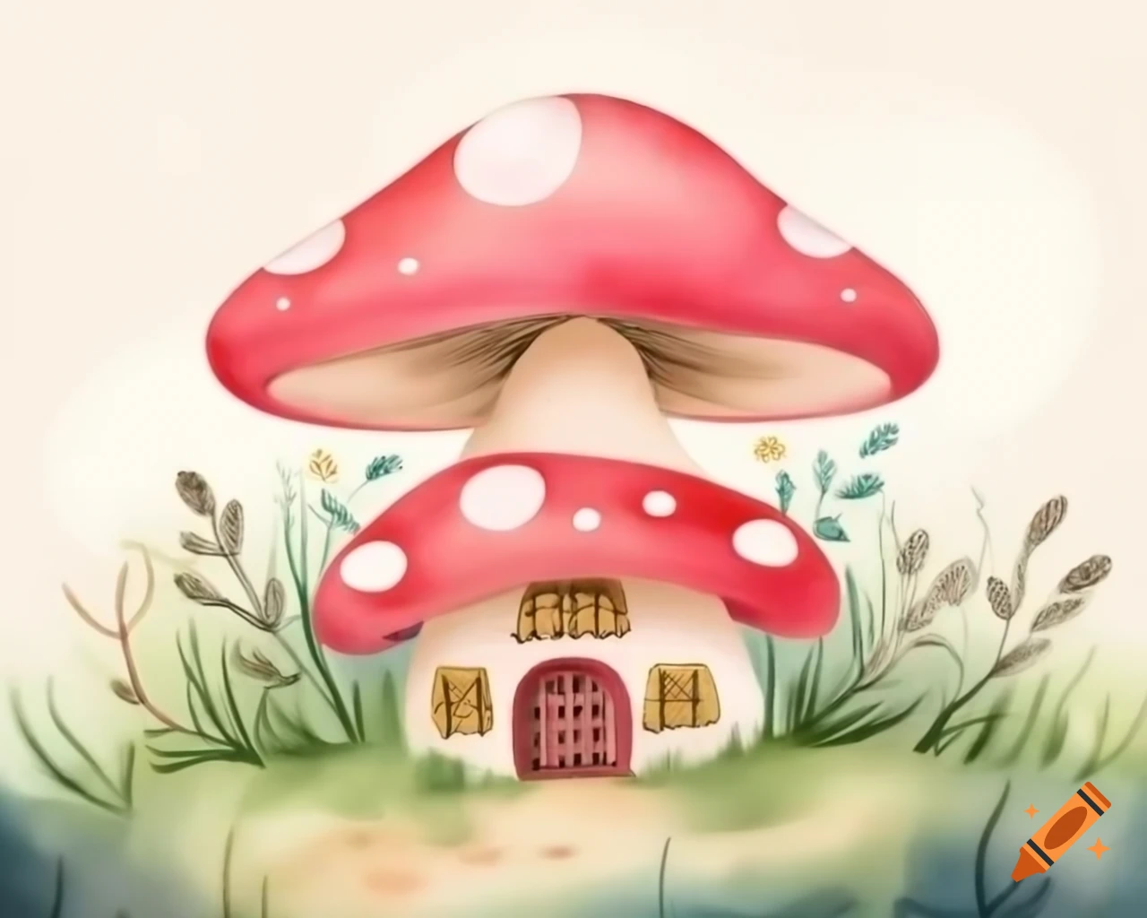 Watercolor mushroom house in soft pink and brown storybook style