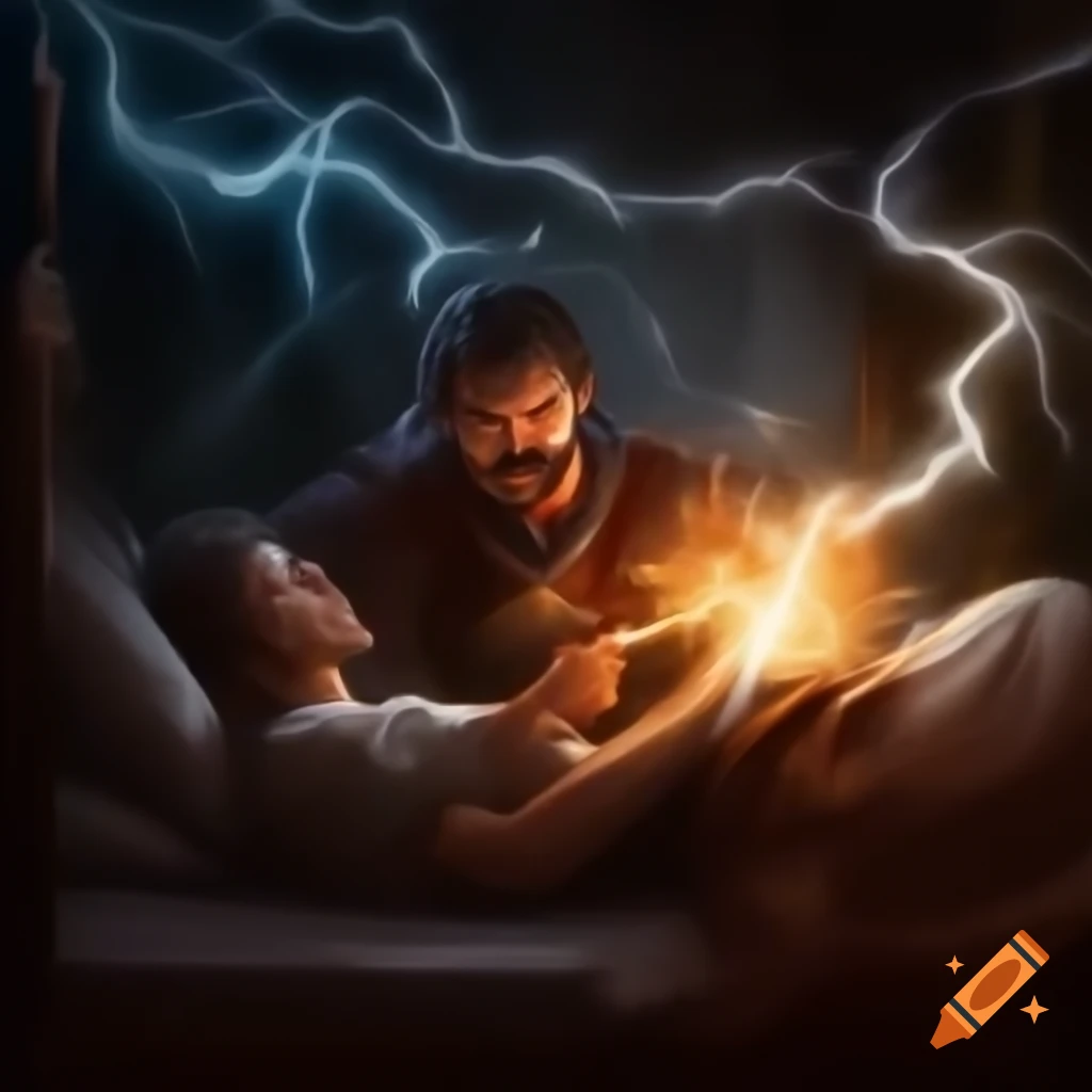 Male scientist named Forty-Too experiencing a realization with lightning, vanishing to bed