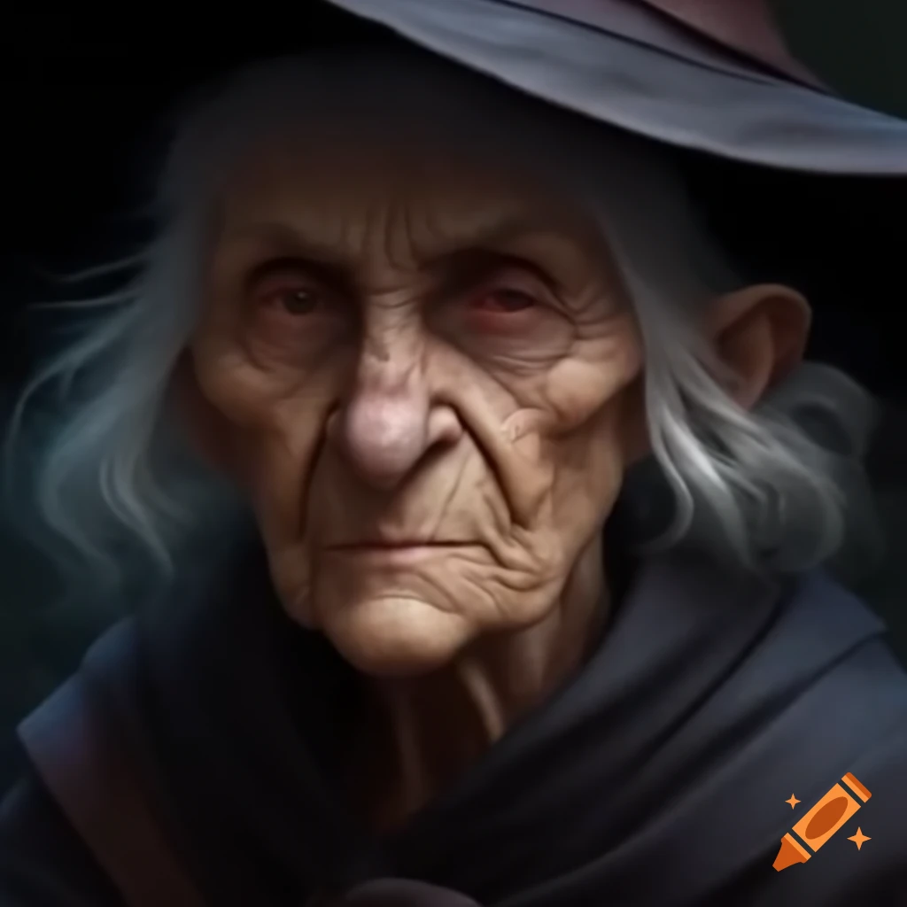 Half-sylph old woman in cloak and witch's hat, hunched over
