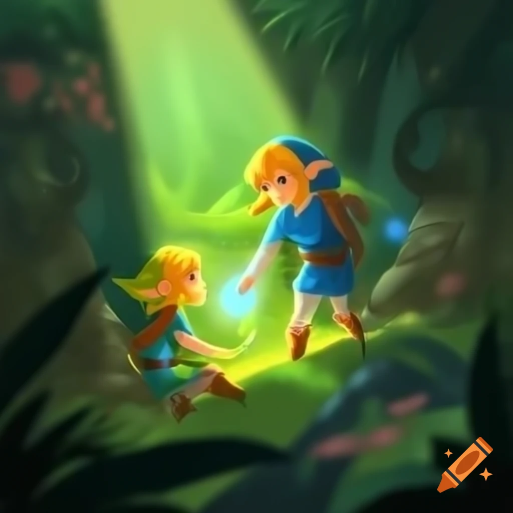 Zelda and Link in enchanted forest with found footage style