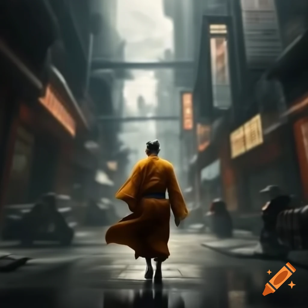 Shaolin monk walking in futuristic metropolis