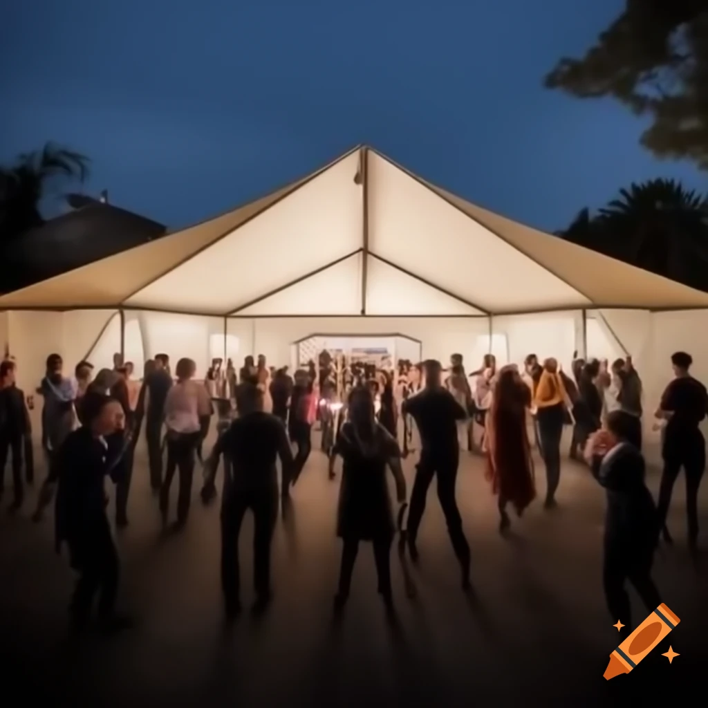 Ceilidh dance with public participation under flat marquee with lights and live band
