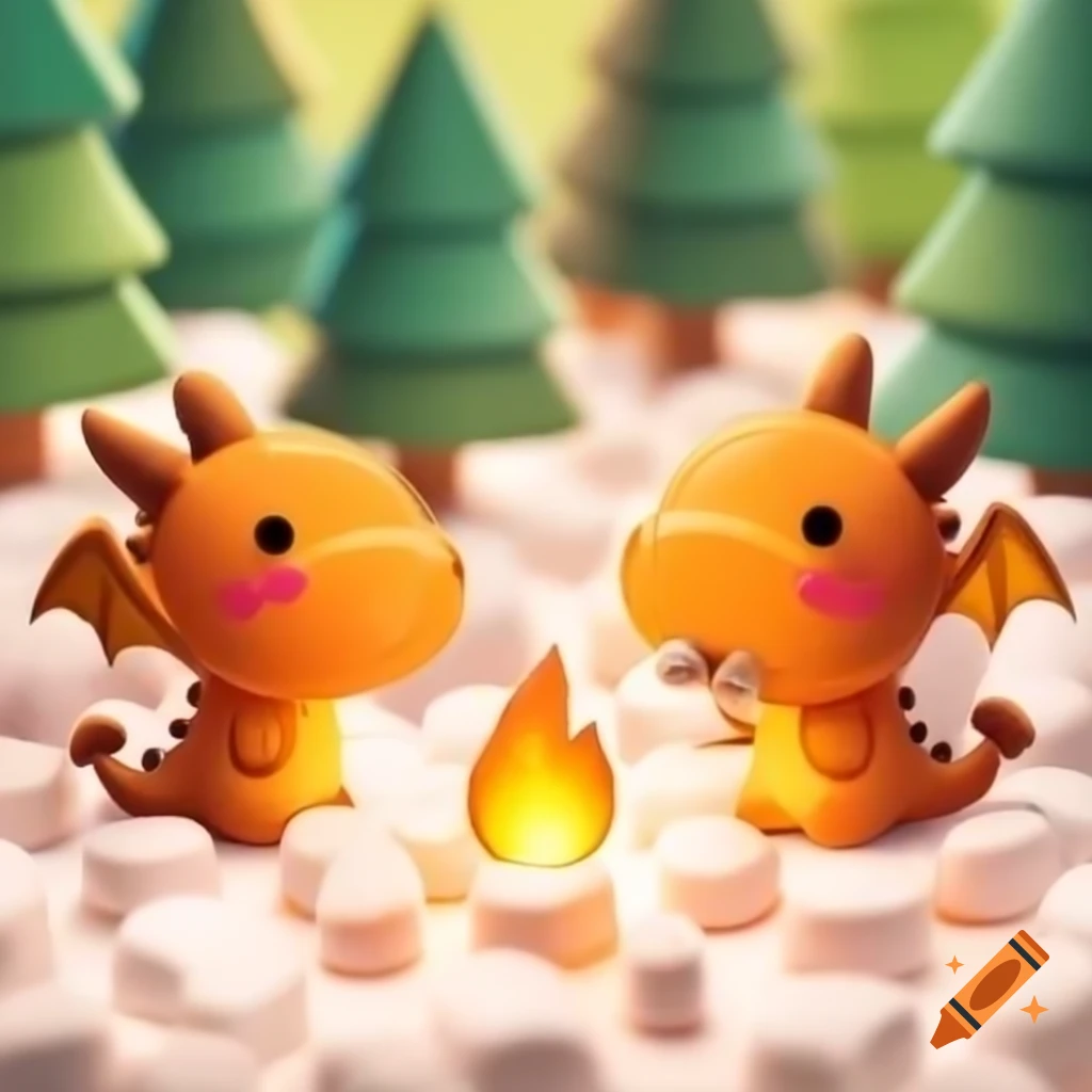 Kawaii dragon couple camping and roasting marshmallows with fire