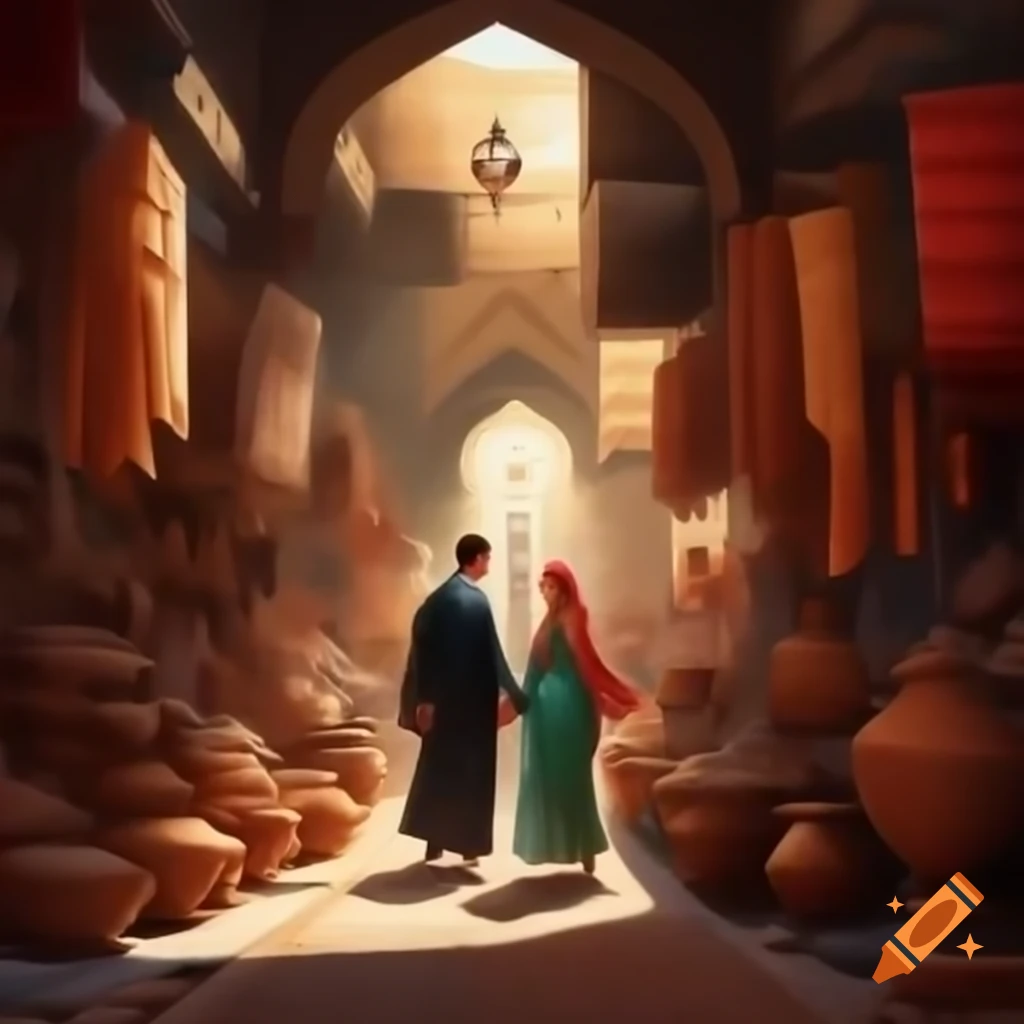 Enchanting ancient Arabian market scene with young couple in love
