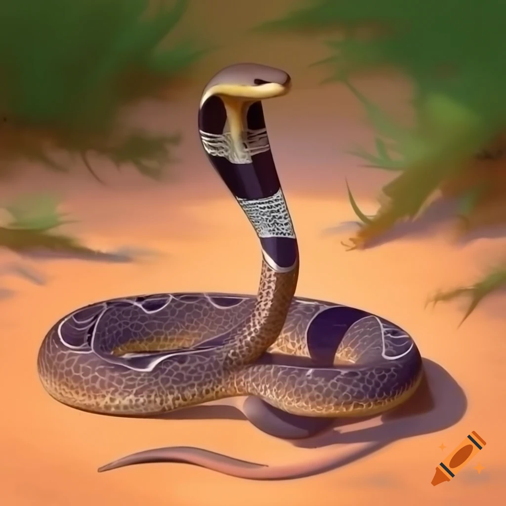 Coiled snake with zigzag pattern on sandy path in vegetation, painting style