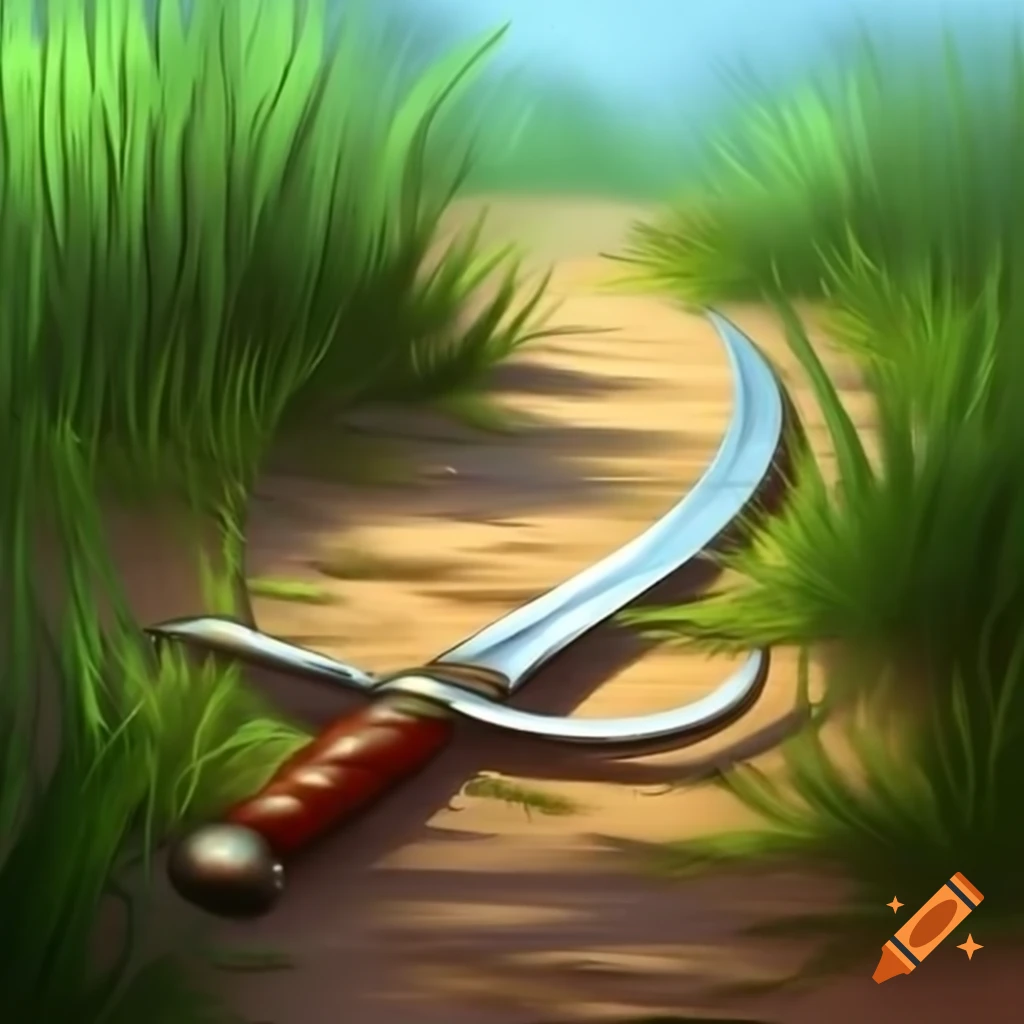 Curved pirate cutlass on sandy path through vegetation, high-quality painting