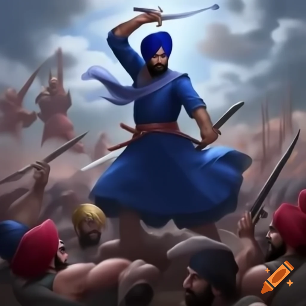 Baba Banda Singh Bahadur in blue dress raising sword in dynamic war stance