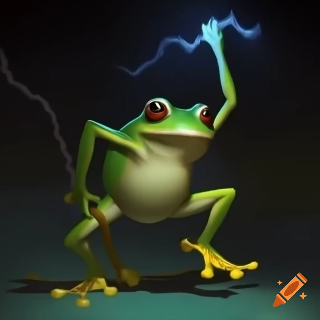 Humanlike frog casting chain lightning spell in comic style