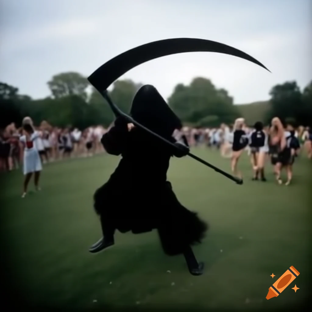 Black metal musician with scythe chasing crowd in summer park