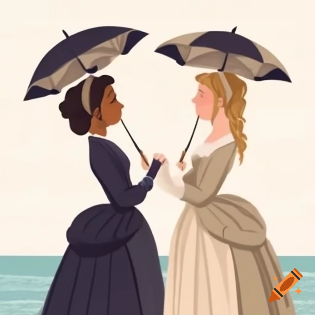 Two young women in 1820s regency fashion with parasols leaning together