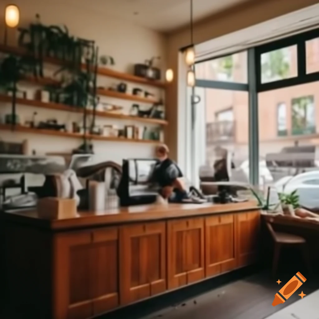 Cozy cafe counter with window and leafy decorations
