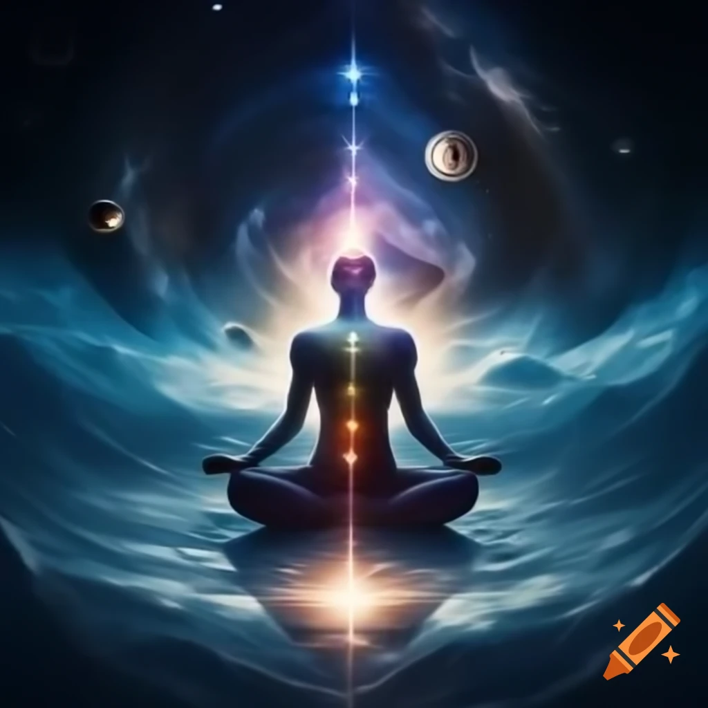 Cosmic background with stars and galaxies, featuring meditative human figure