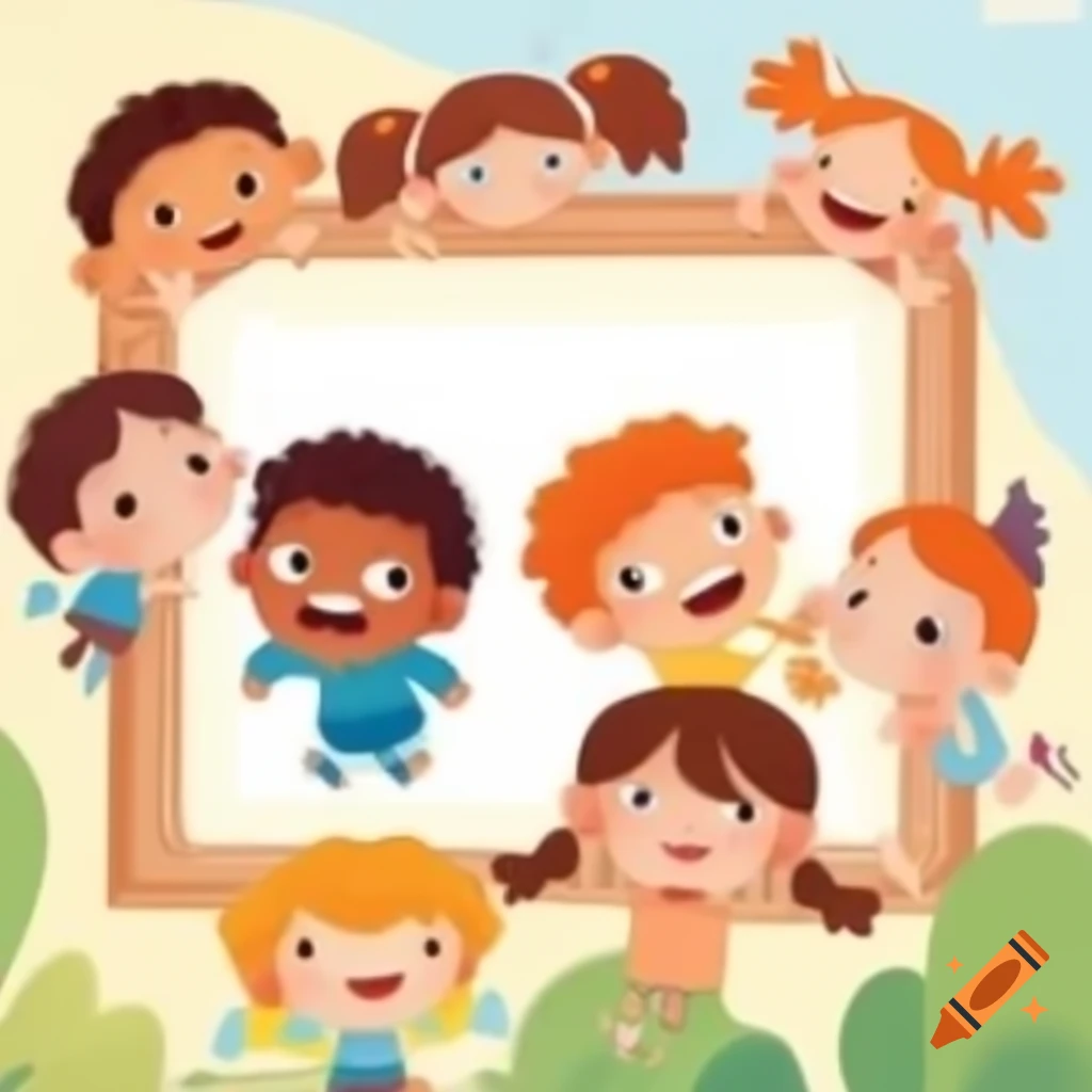 Cartoon of diverse first grade kids inside a frame