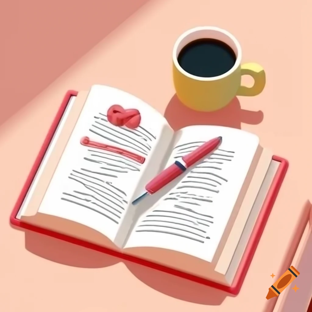 Cartoon of a book with a pen and a cup of coffee