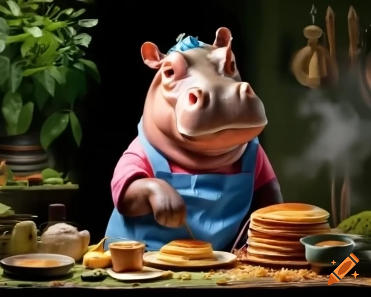 Anthropomorphic hippo in Cinderella dress cooking pancakes in mossy kitchen