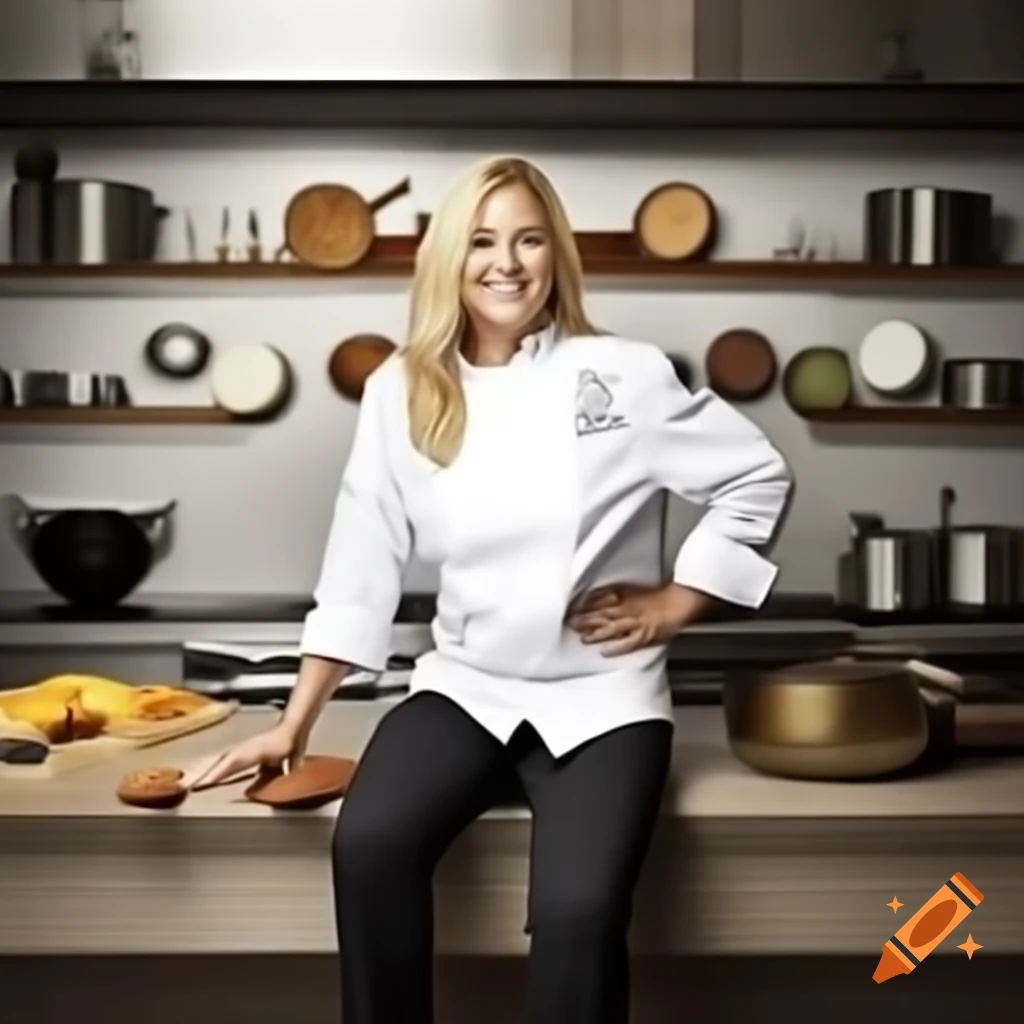 Confident American woman in chef's jacket in modern kitchen