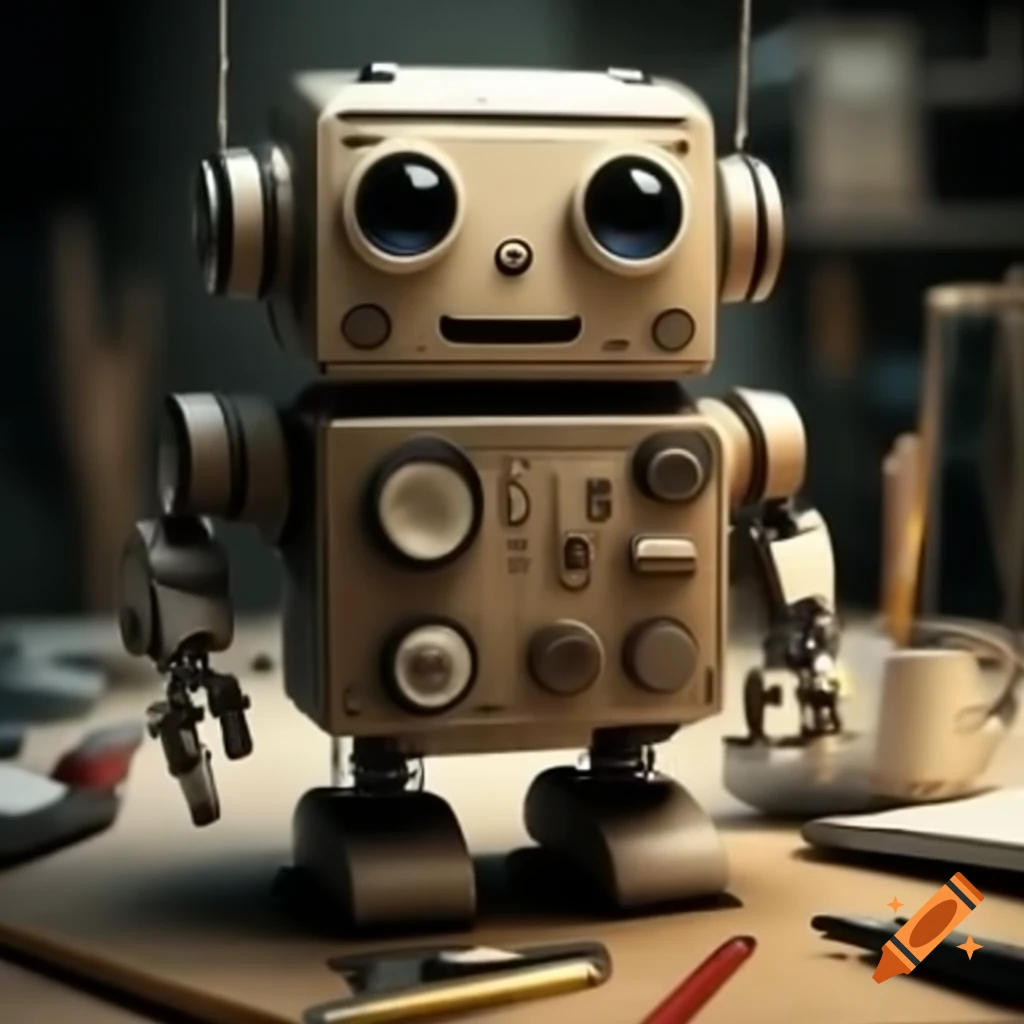 Friendly smiling robot with tools working on multiple tasks