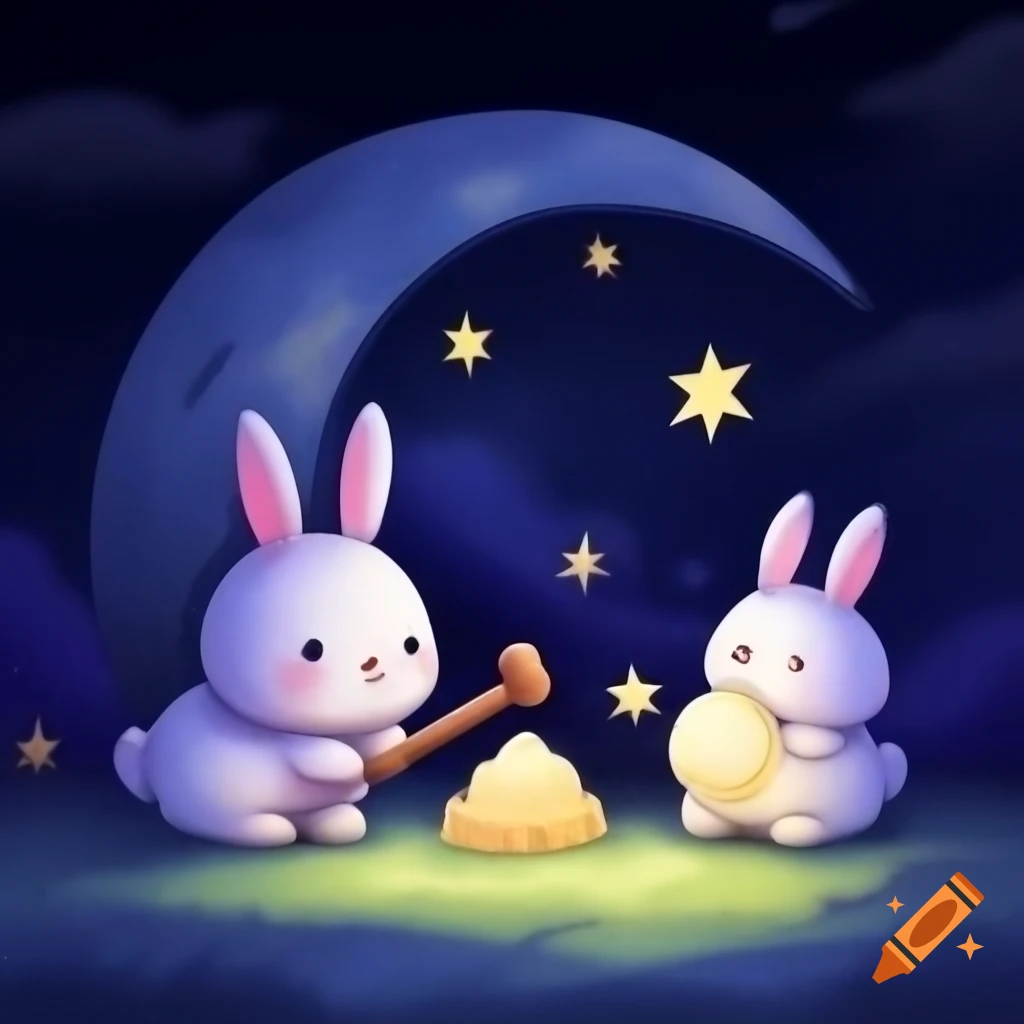 Two rabbits making rice cakes inside giant full moon against starry night sky