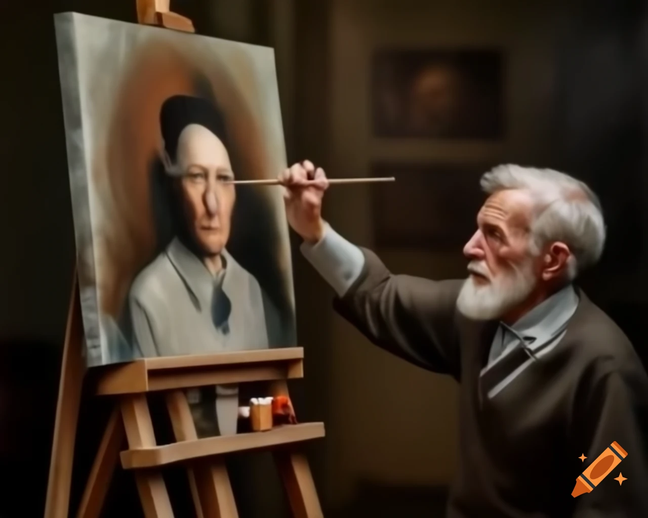 Old man painting self-portrait on canvas