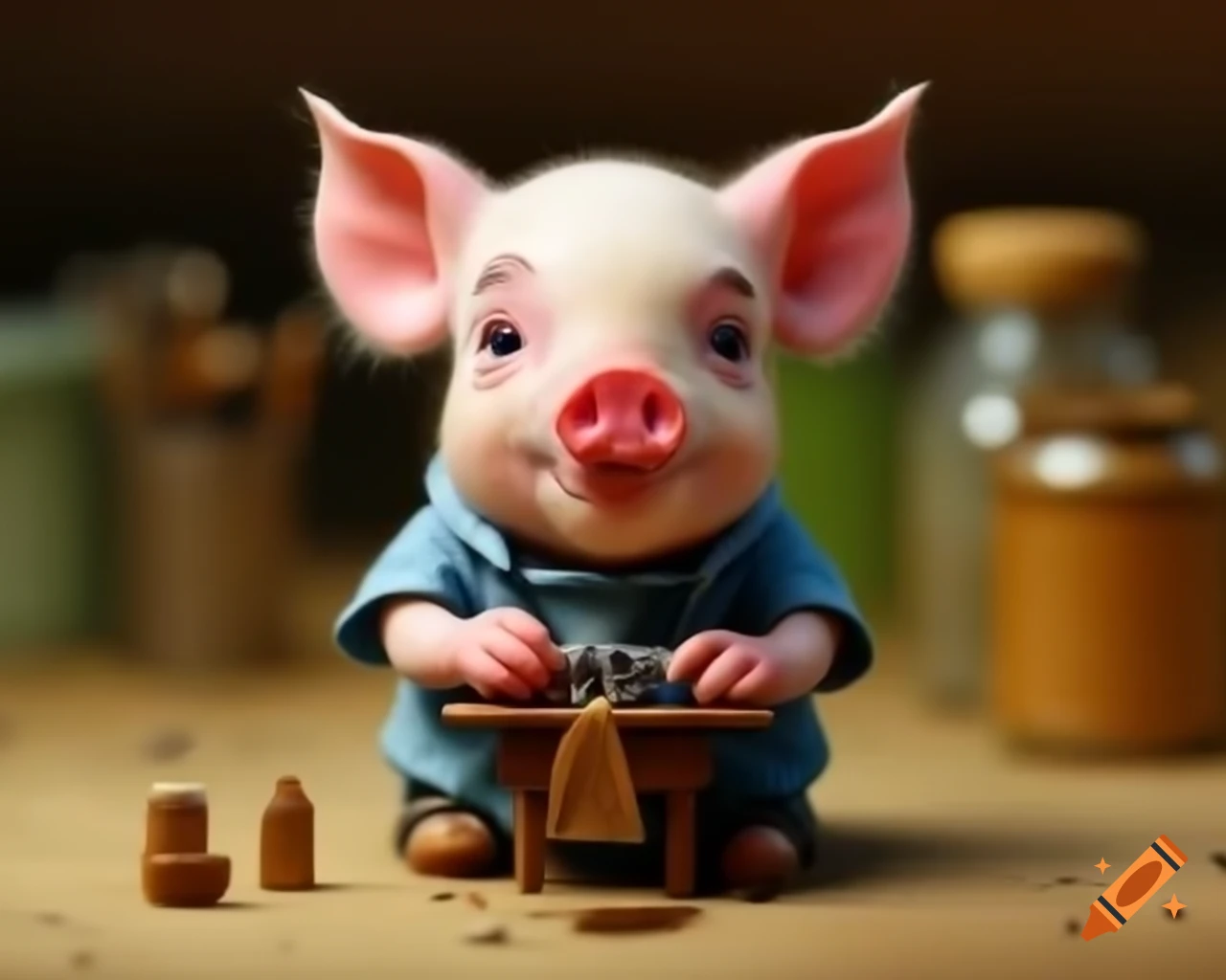 Miniature piglet sewing a shirt