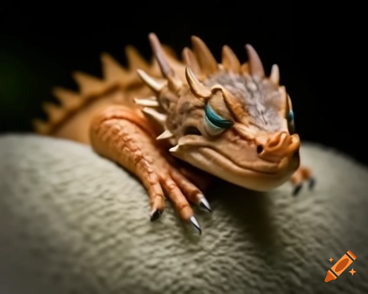 Miniature dragon sleeping on a pillow in VHS analog photography style