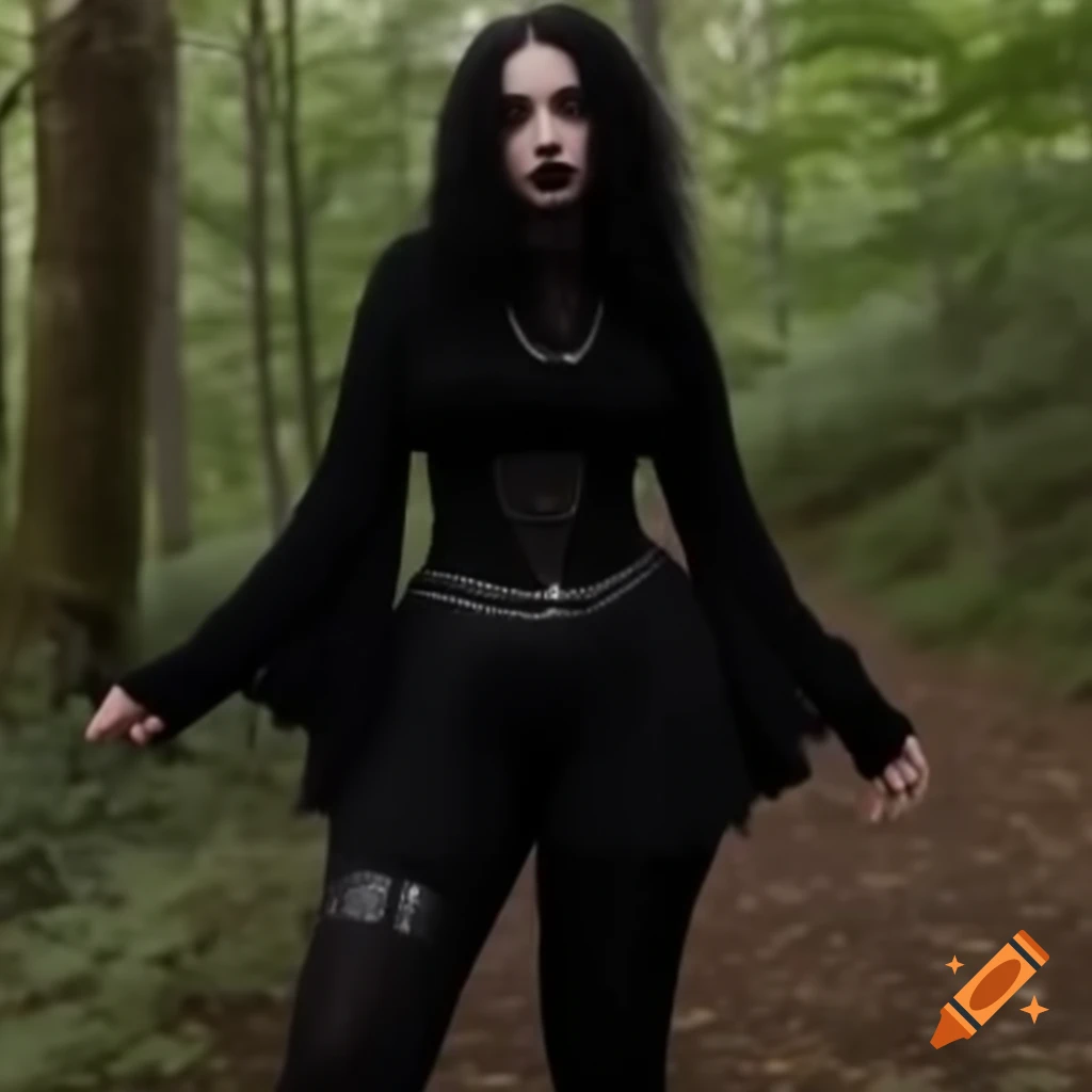 Gothic style outfit in a forest setting with a cottage