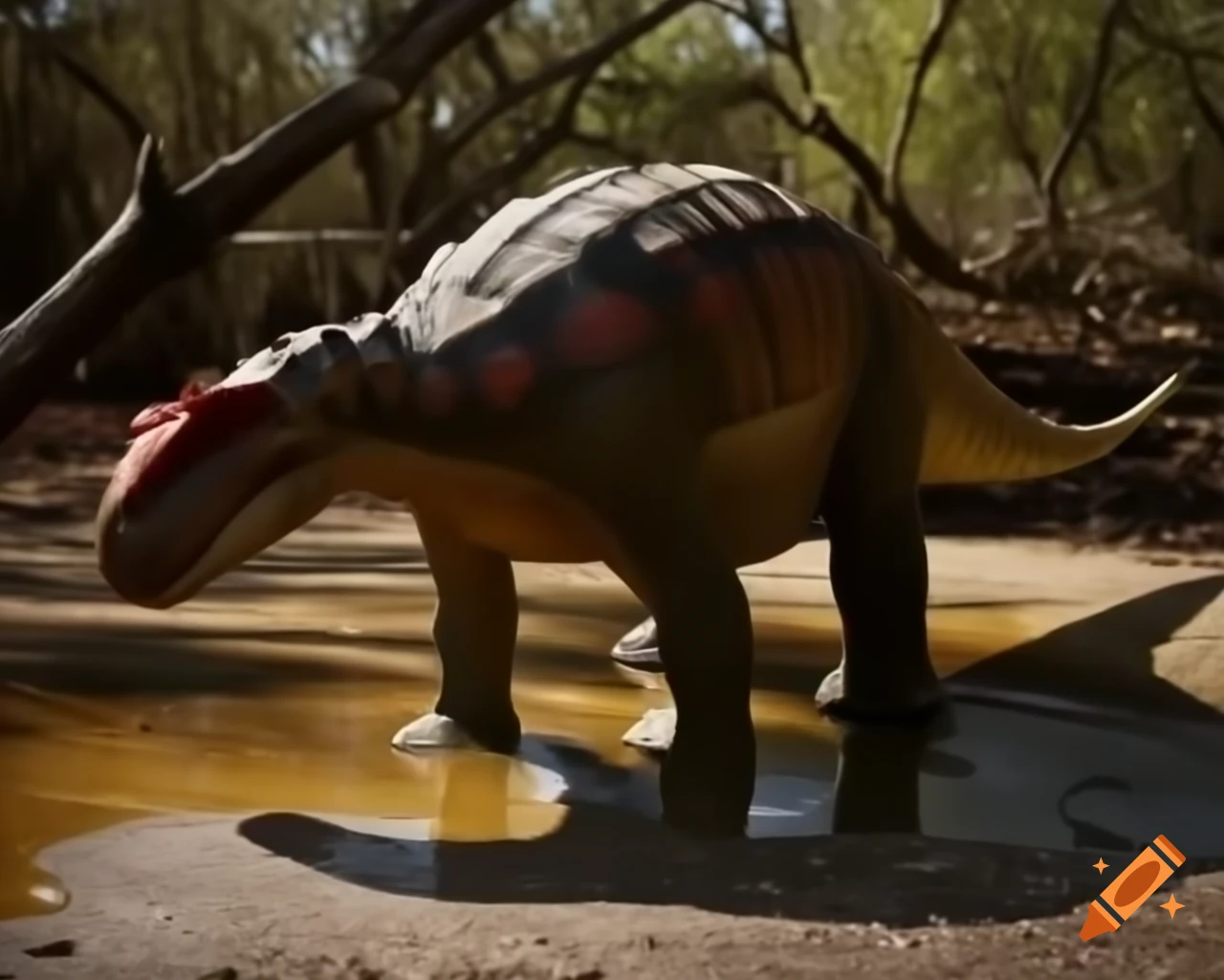 Cinnamon and brown ankylosaurus drinking in puddle under tree in sunny clearing