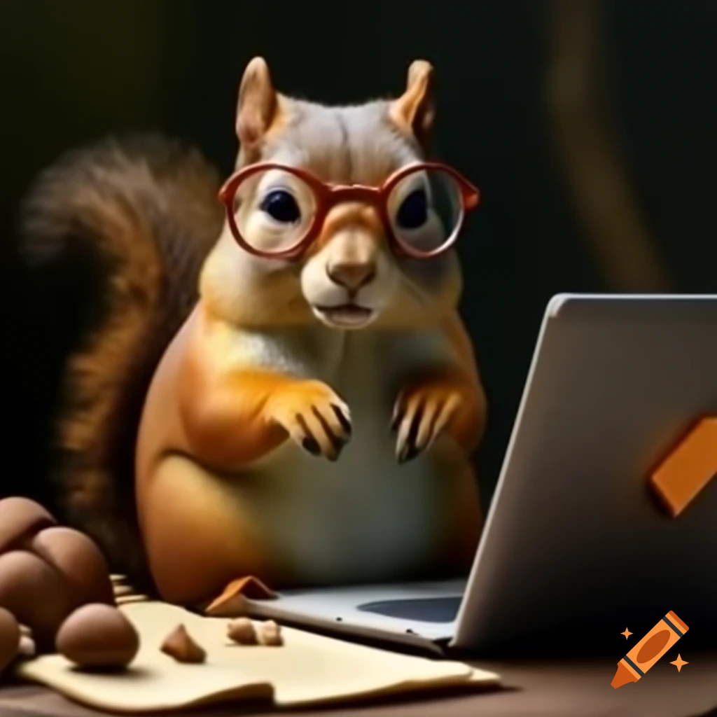 Squirrel with glasses using laptop surrounded by acorns and project note