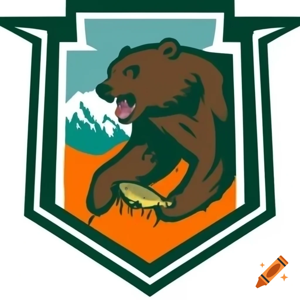 Logo for Storm King outdoor adventure company featuring grizzly bear with fish and mountains