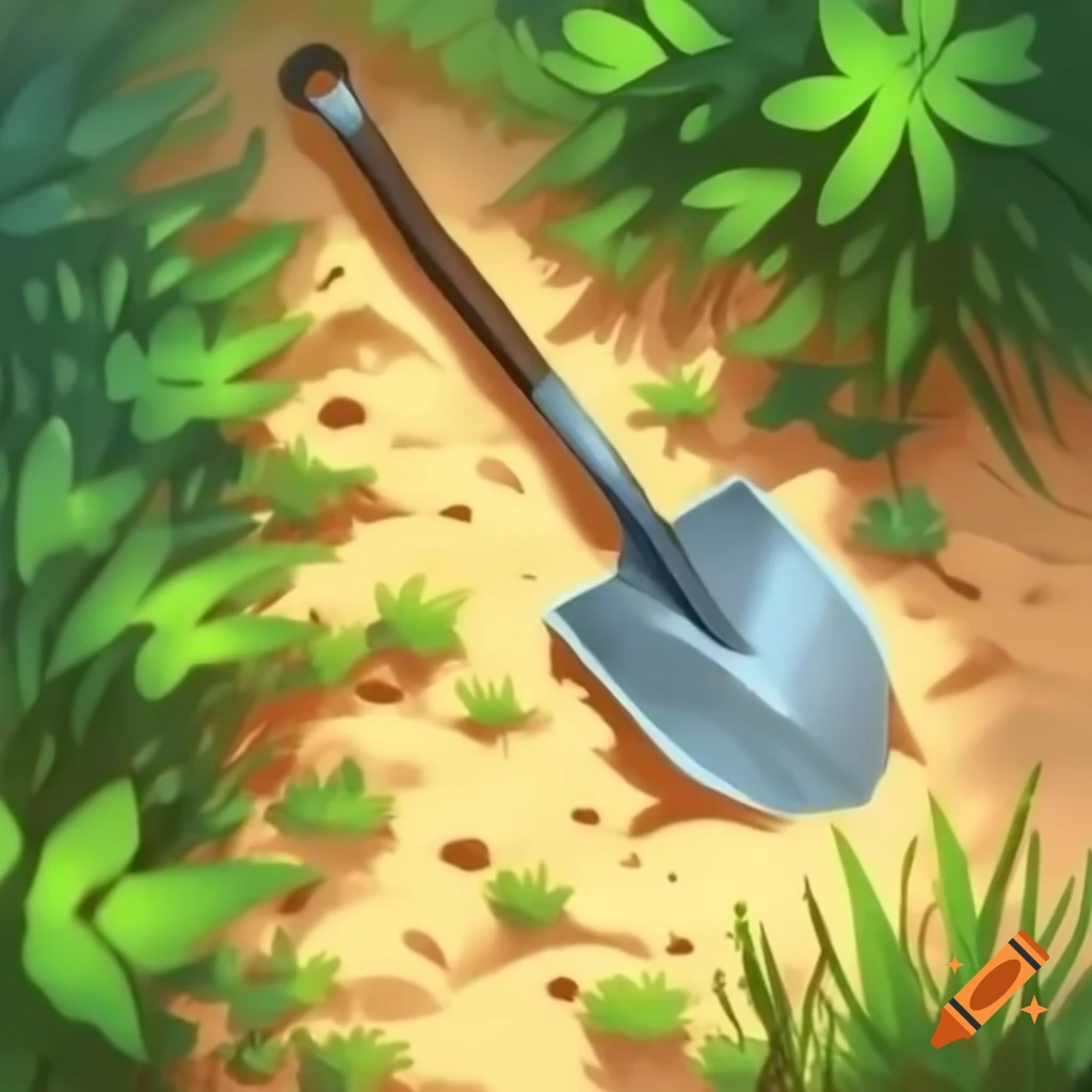 Short shovel on sandy path through vegetation, acrylic painting
