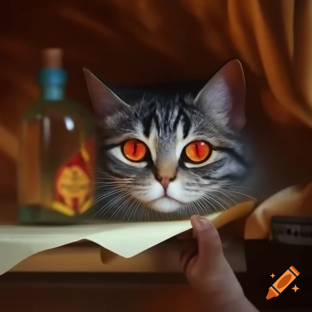 Dragon with red eyes and hand holding bottle emerging from cat-themed paper background