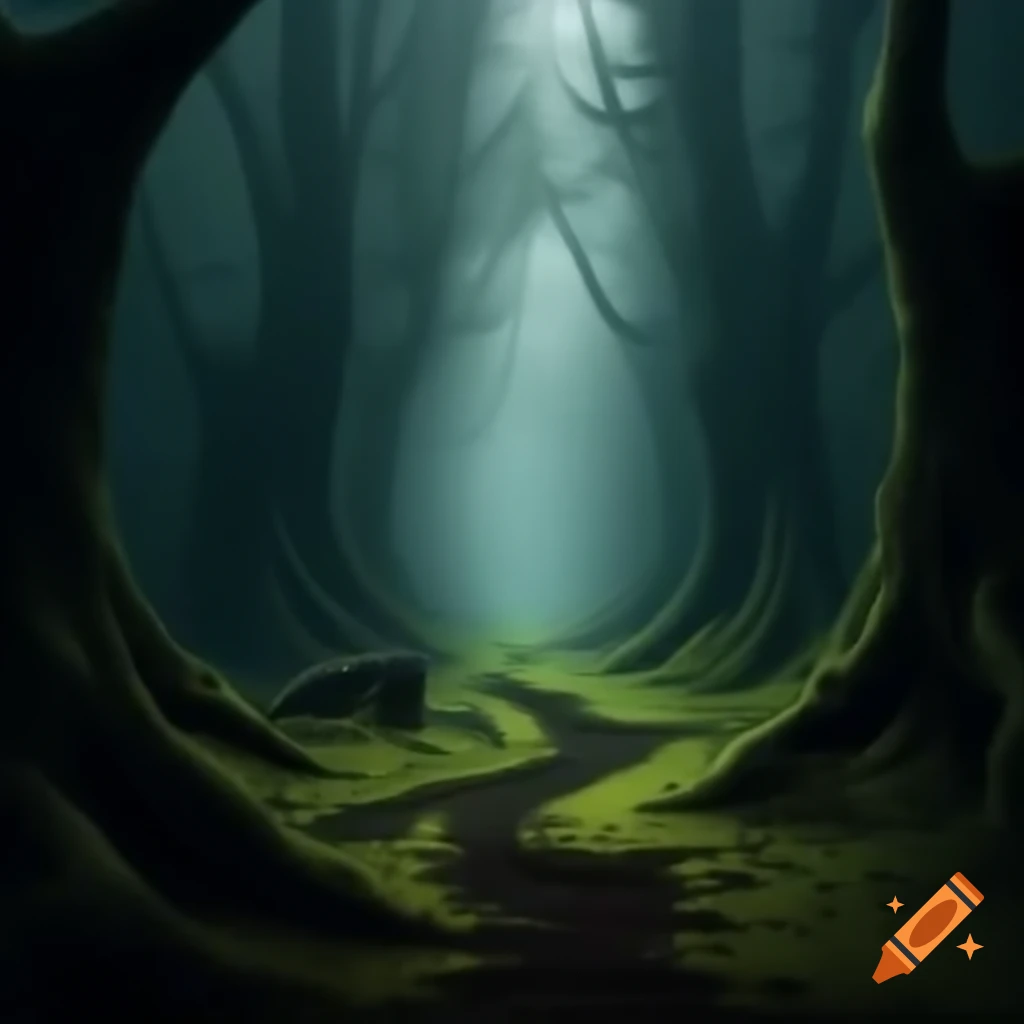 Overgrown path in dark forest at night with eerie fog and flickering lights