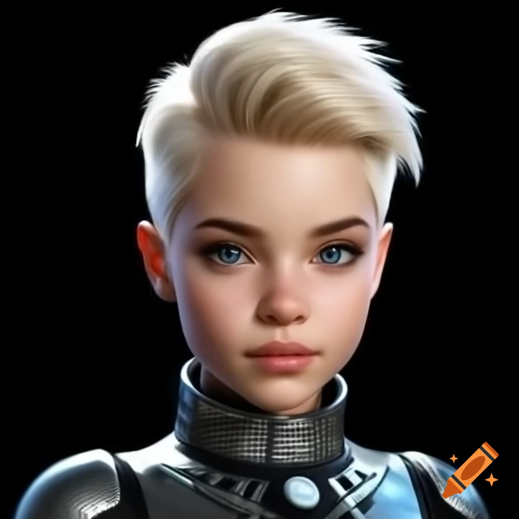 Feminine space schoolgirl with pixie cut and metallic sci-fi outfit, ultra-realistic