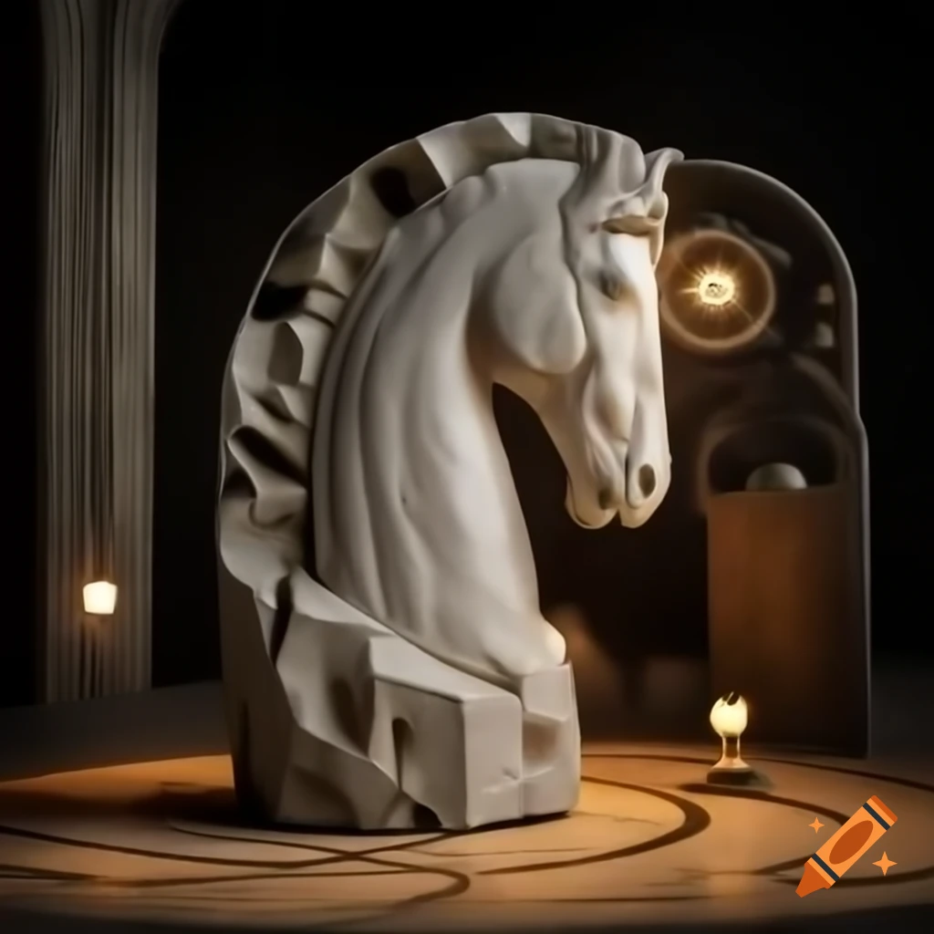 Surrealistic horse head statue in marble within a maze, light orbs, inspired by Van Gogh and Mucha